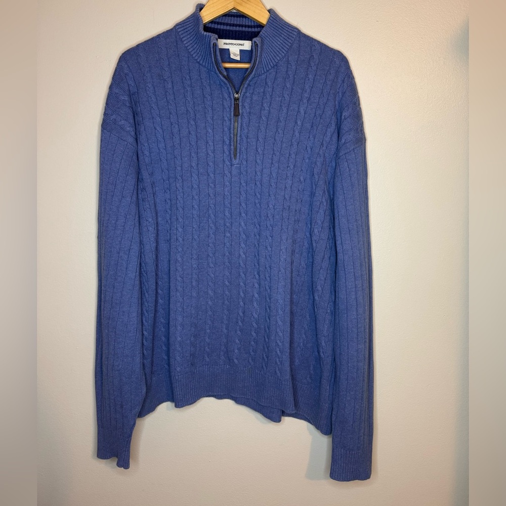 Pronto Uomo 2X Blue Cable Knit Quarter Zip Sweater 100%‎ Cotton